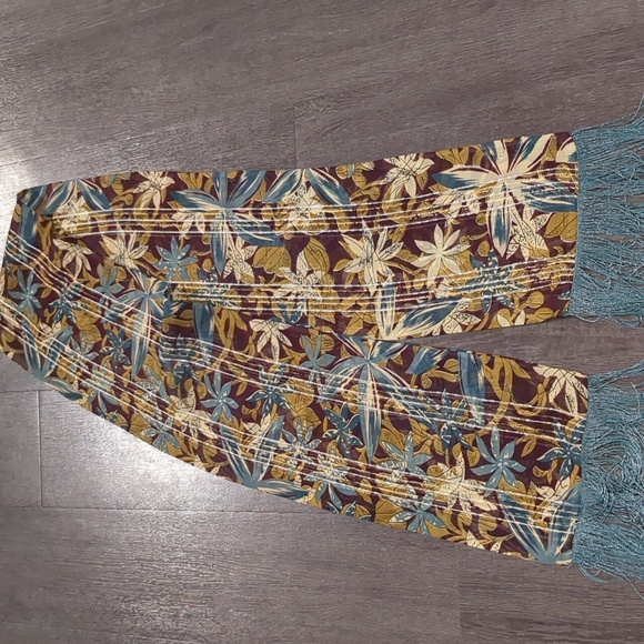 Long Fringe Boho Scarf Teal & Brown Floral Sheer Metallic Stripes 67" Wrap - Picture 7 of 12